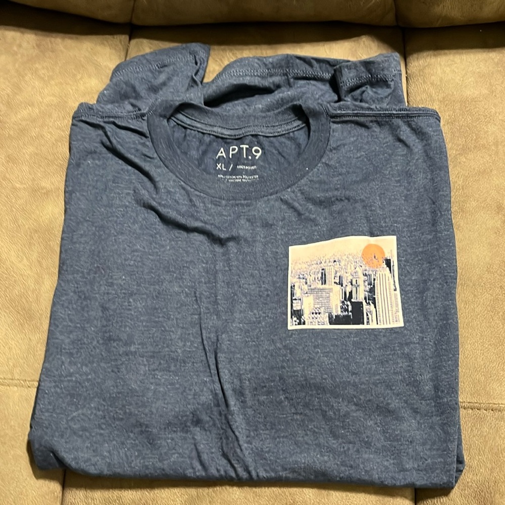 Apt 9 XL blue t shirt with pink cityscape pic on left chest